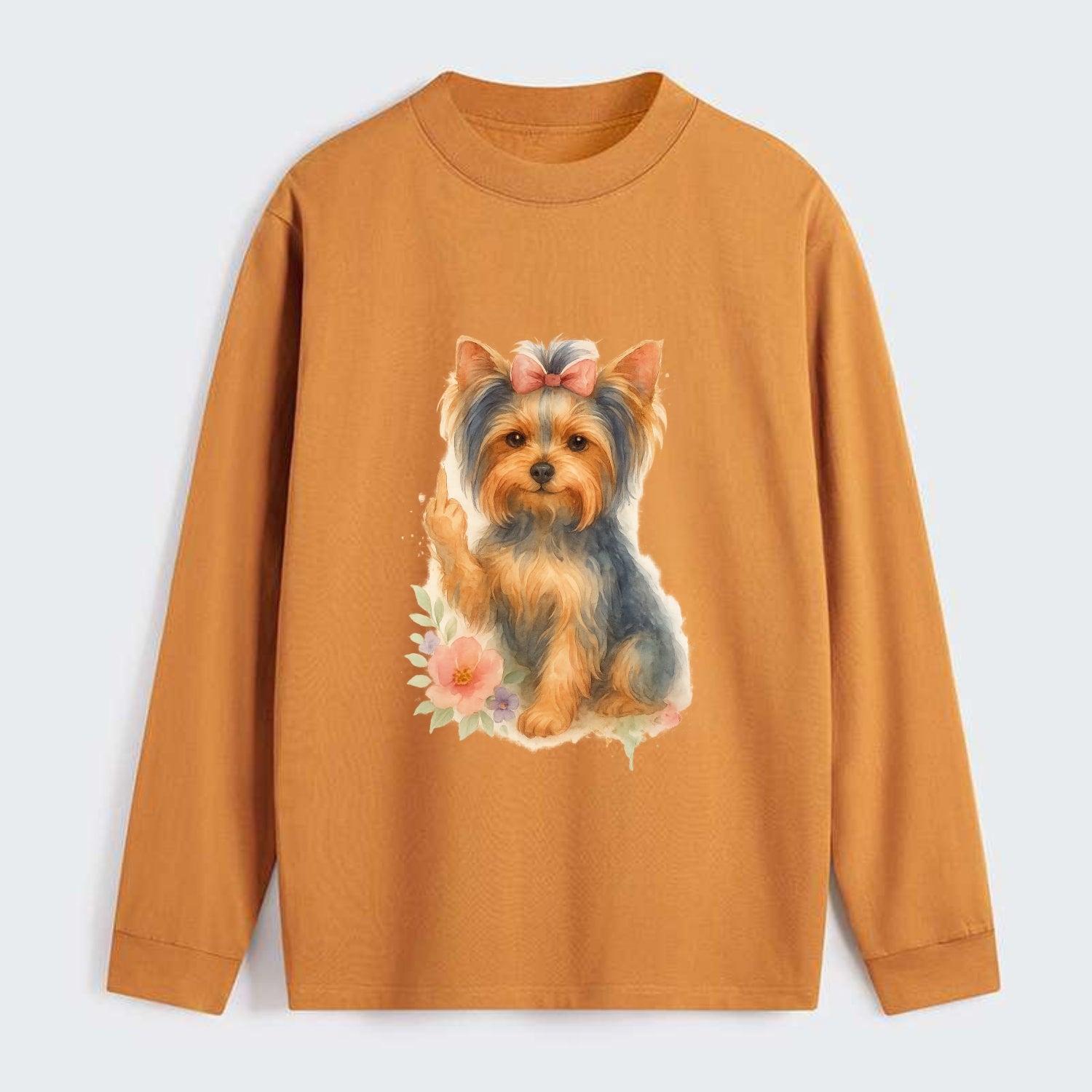 Yorkshire Terrier with topknot bow, one delicate paw flipping off - Classic Long Sleeve Shirt - Orange