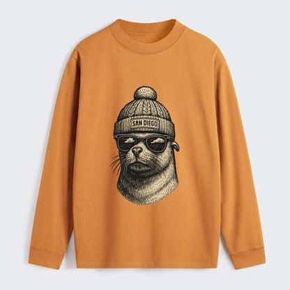 San Diego Sea Lion wearing San Diego beanie with pom pom and wayfarer - Classic Long Sleeve Shirt - Orange