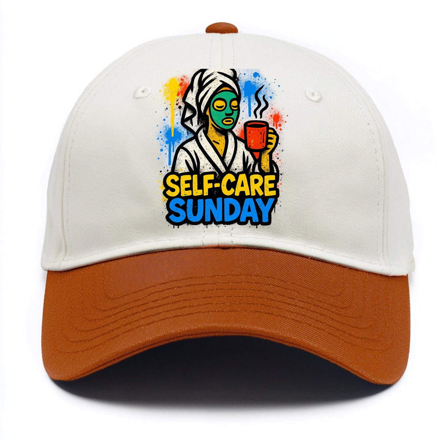 Person in bathrobe with face mask and tea - self-care Sunday ritual, wellness - Two Tone Cap - Orange