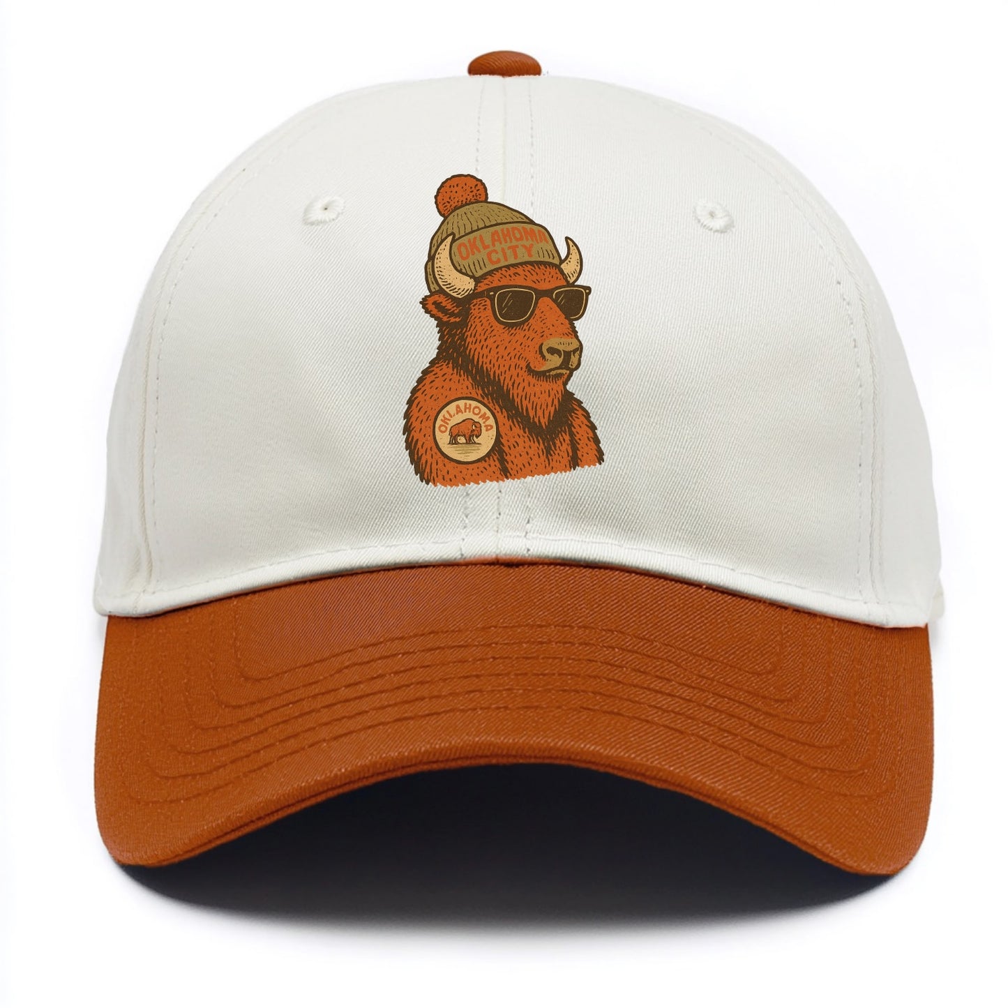 Oklahoma Buffalo wearing Oklahoma City beanie with pom pom and wayfarer sunglasses - Two Tone Cap - Orange