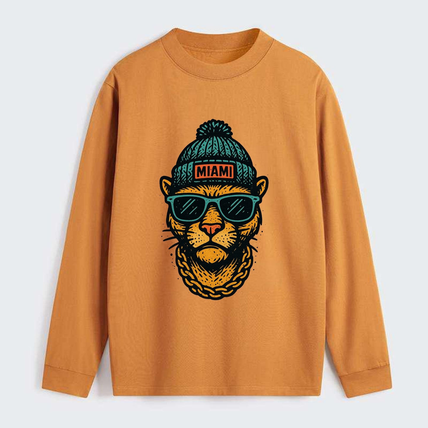 Florida Panther wearing Miami beanie with pom pom and wayfarer - Classic Long Sleeve Shirt - Orange