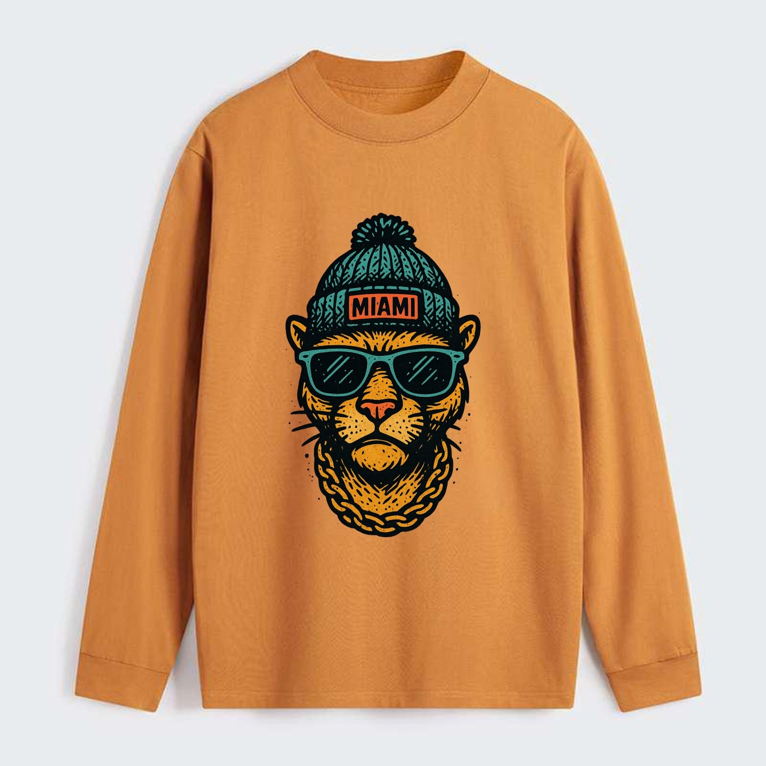 Florida Panther wearing Miami beanie with pom pom and wayfarer - Classic Long Sleeve Shirt - Orange