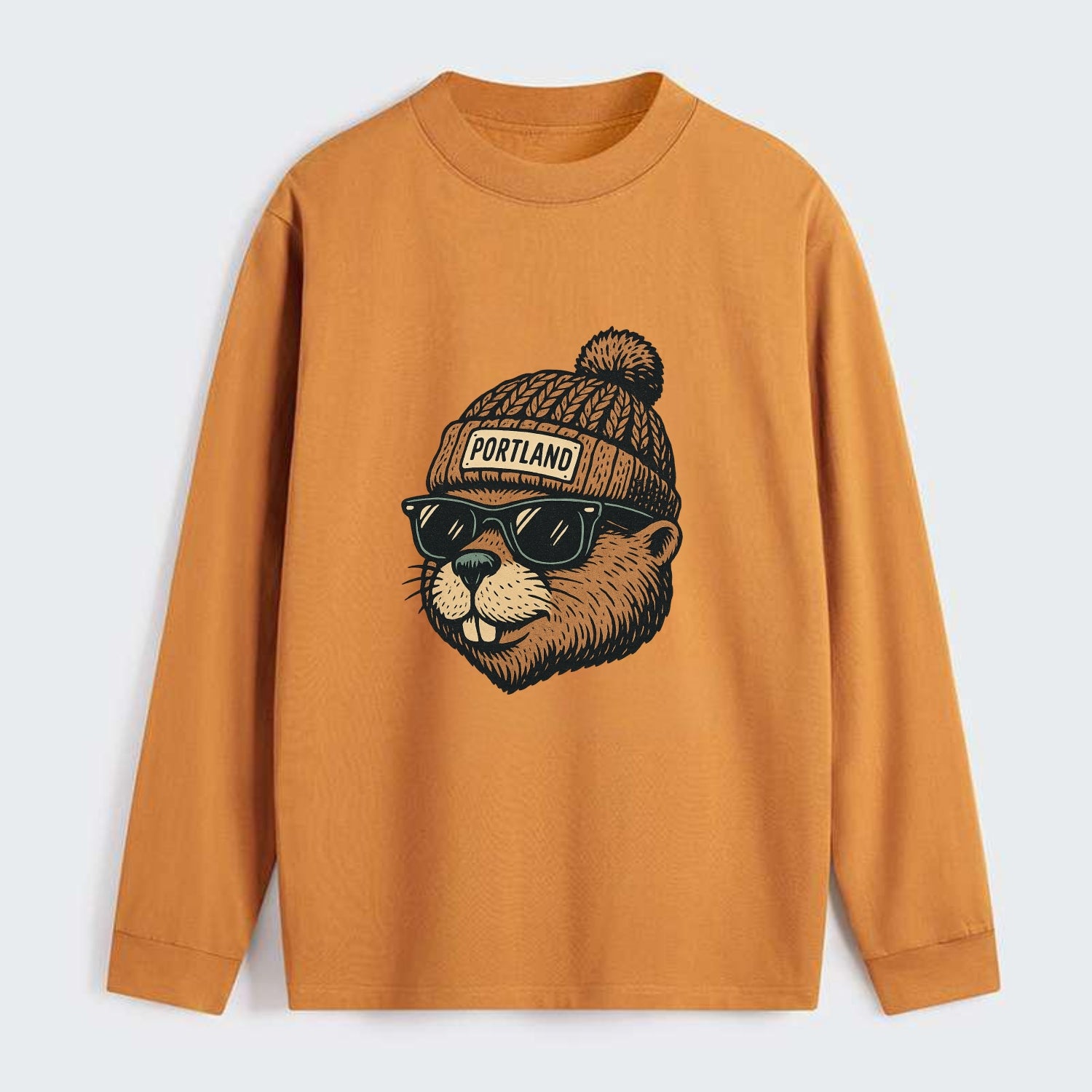 Portland Beaver wearing Portland beanie with pom pom and wayfarer - Classic Long Sleeve Shirt - Orange