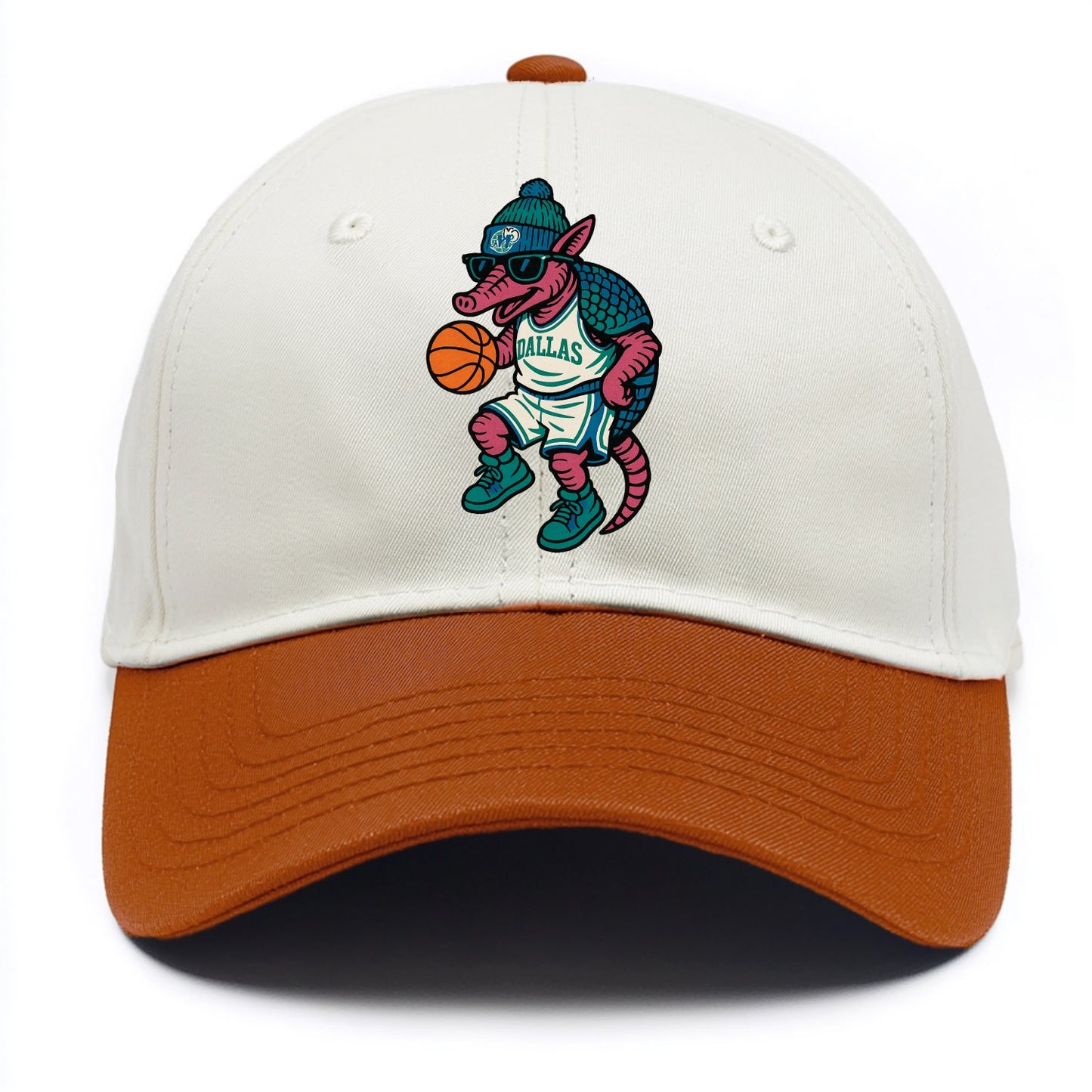 Dallas Armadillo wearing Mavericks beanie with cowboy hat patch and wayfarer - Two Tone Cap - Orange