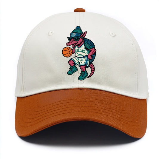 Dallas Armadillo wearing Mavericks beanie with cowboy hat patch and wayfarer - Two Tone Cap - Orange