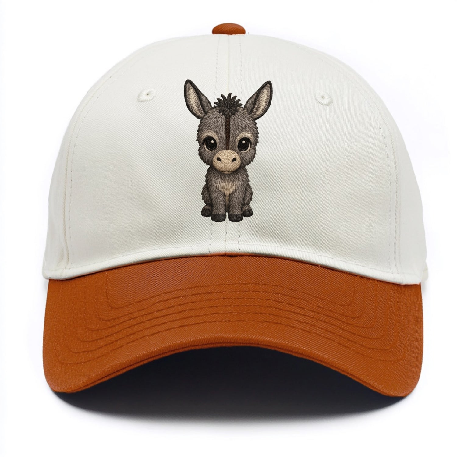 Baby Donkey Foal - gray fluffy, long ears, dark stripe, gentle eyes, front-facing, - Two Tone Cap - Orange