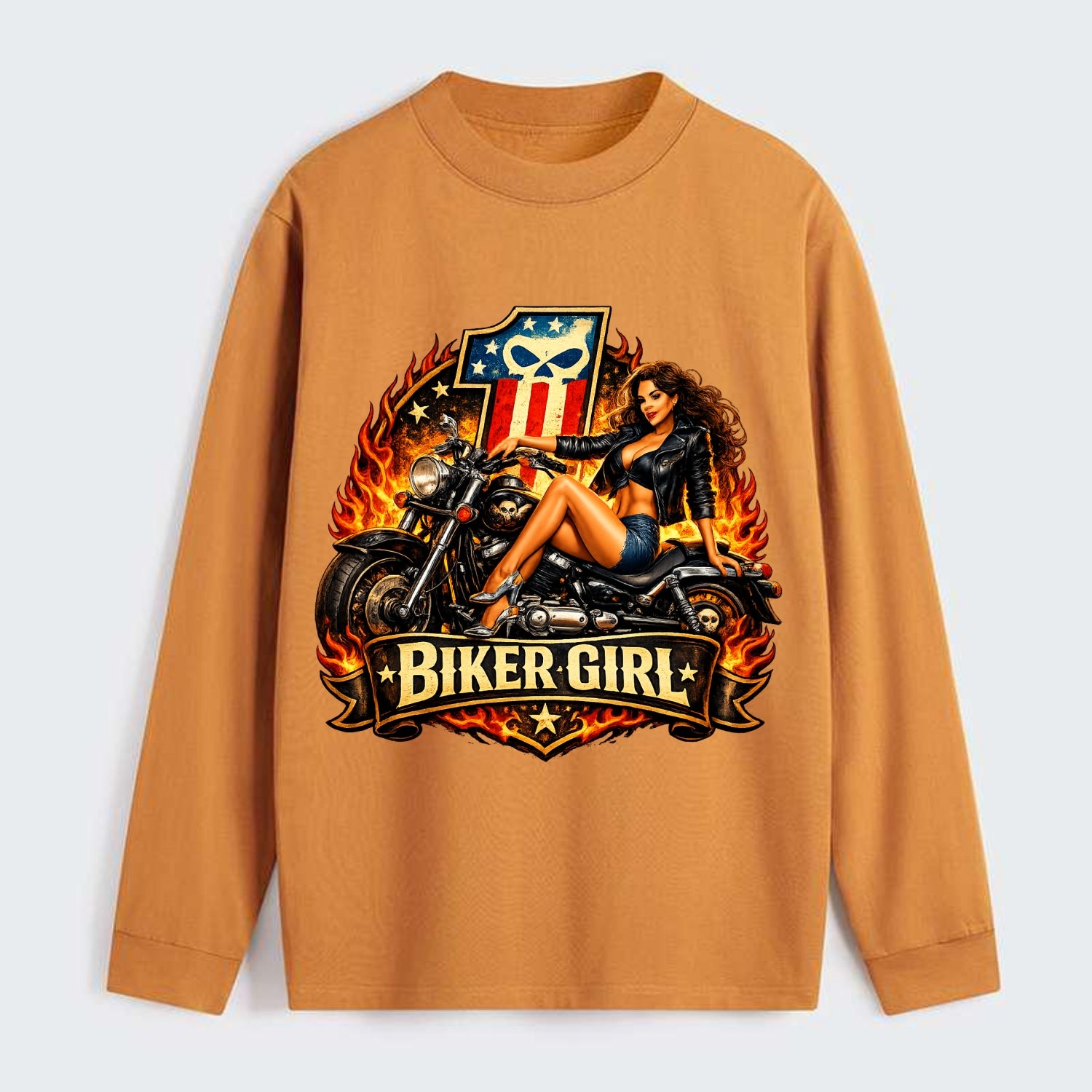 Vintage Biker Pin Up - Classic Long Sleeve Shirt - Orange
