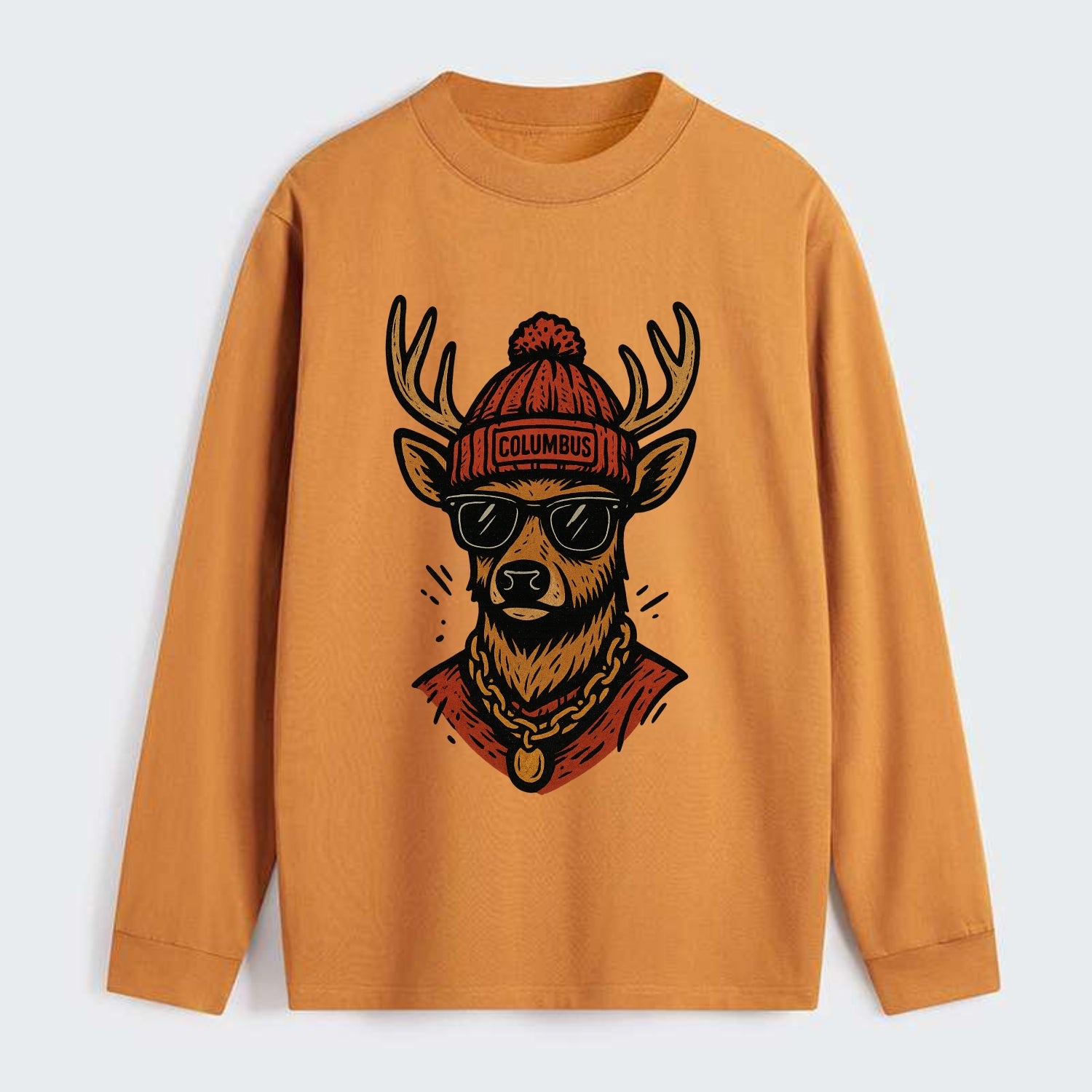 Columbus White-tailed Deer wearing Columbus beanie with pom pom and - Classic Long Sleeve Shirt - Orange