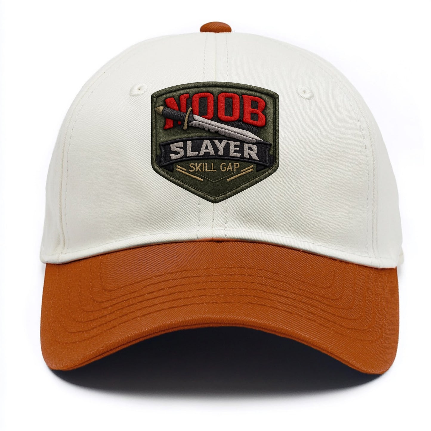NOOB SLAYER - sword through noob text in red and silver , skill gap - Two Tone Cap - Orange