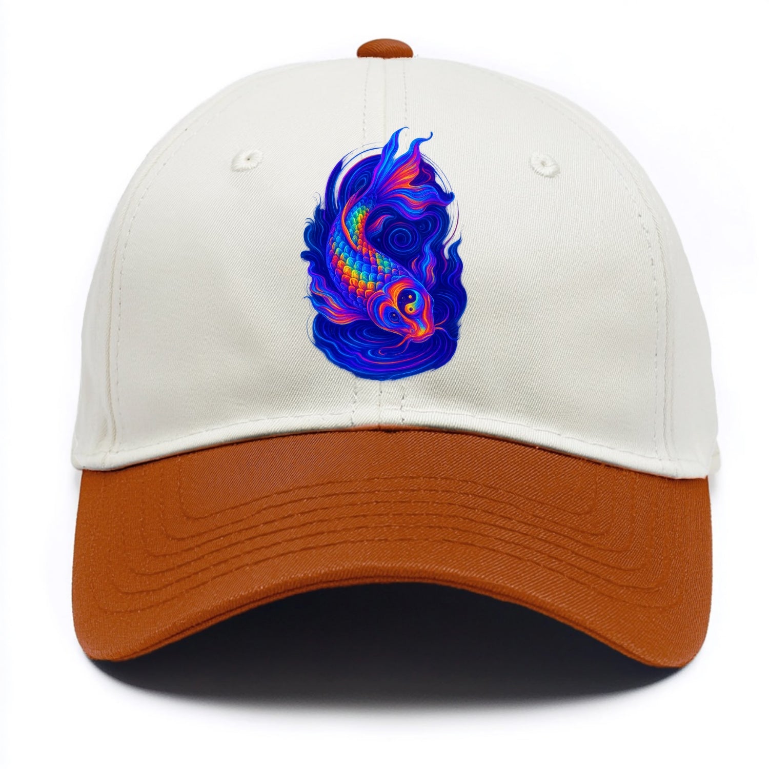 Sacred koi with scales reflecting rainbow prisms, yin-yang patterns in cosmic - Two Tone Cap - Orange
