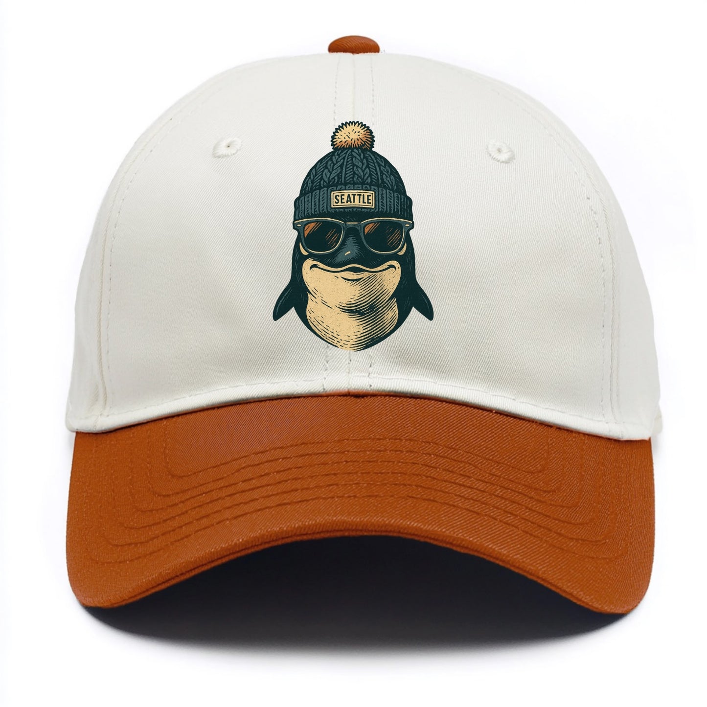 Washington Orca wearing Seattle beanie with pom pom and wayfarer sunglasses - Two Tone Cap - Orange