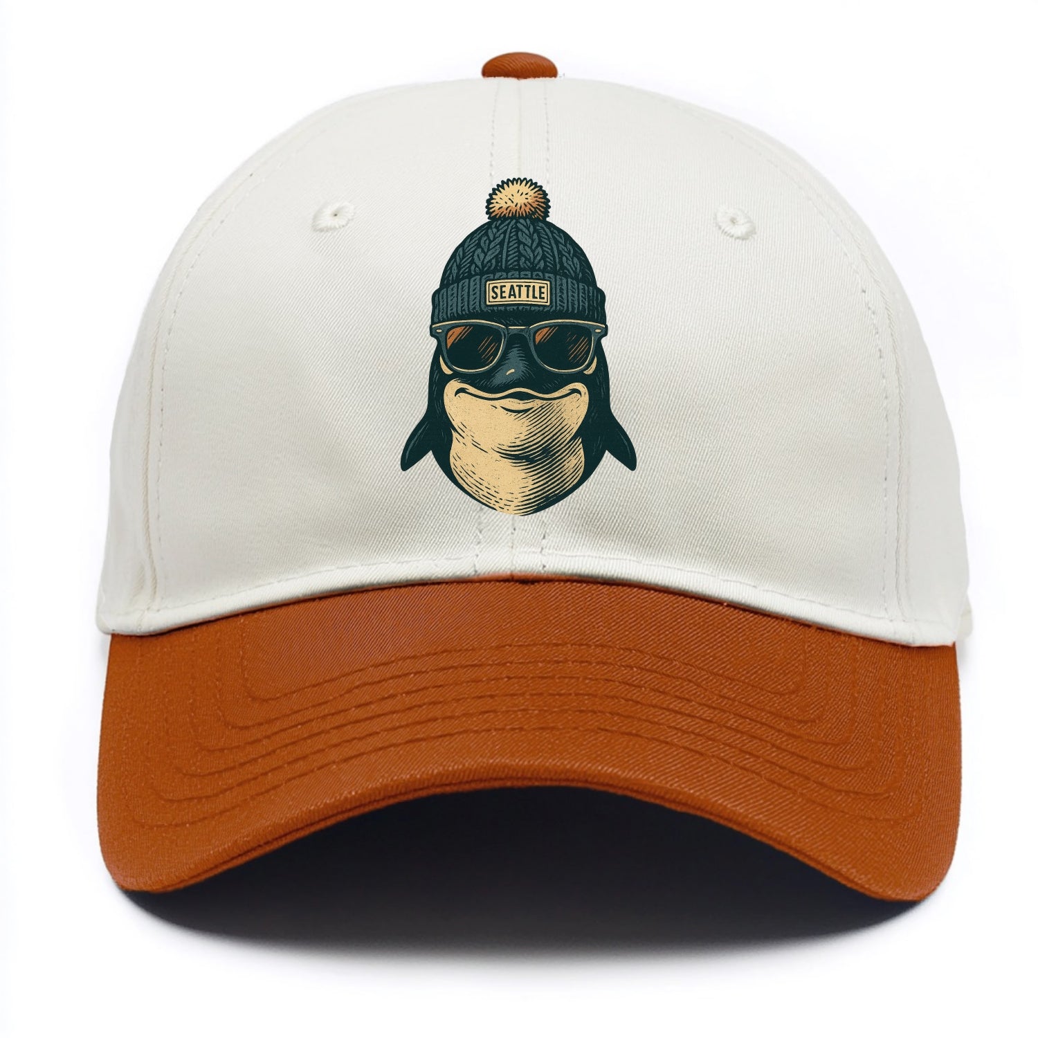 Washington Orca wearing Seattle beanie with pom pom and wayfarer sunglasses - Two Tone Cap - Orange