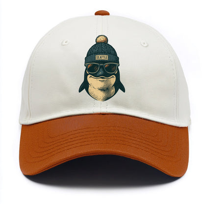 Washington Orca wearing Seattle beanie with pom pom and wayfarer sunglasses - Two Tone Cap - Orange