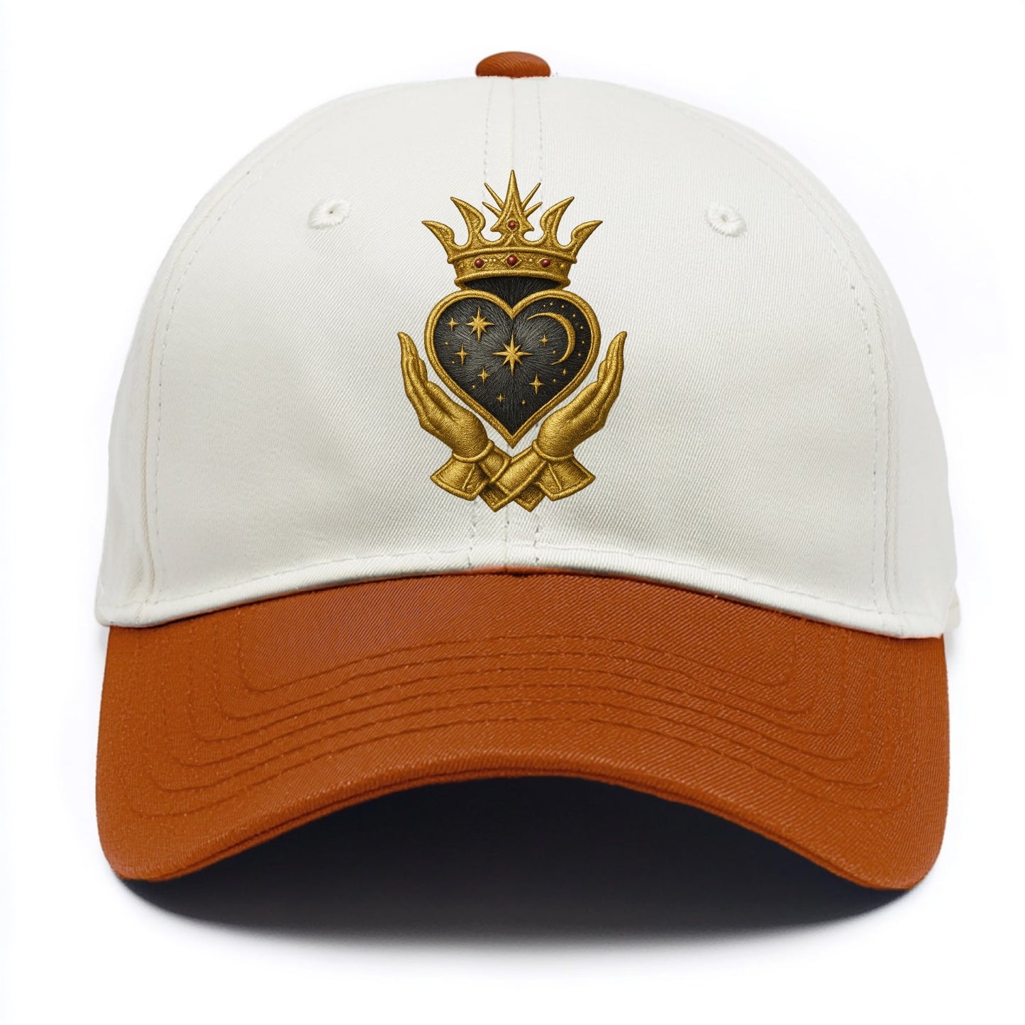 Hammered bronze warrior crown anchoring a dark steel heart with shield-bearing hands. - Two Tone Cap - Orange