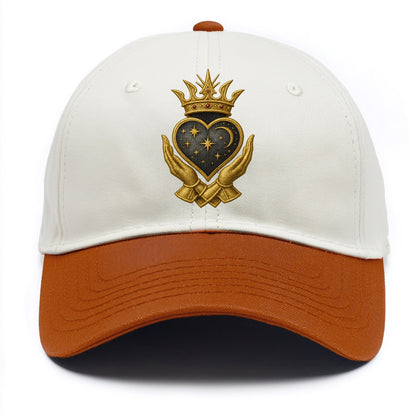 Hammered bronze warrior crown anchoring a dark steel heart with shield-bearing hands. - Two Tone Cap - Orange