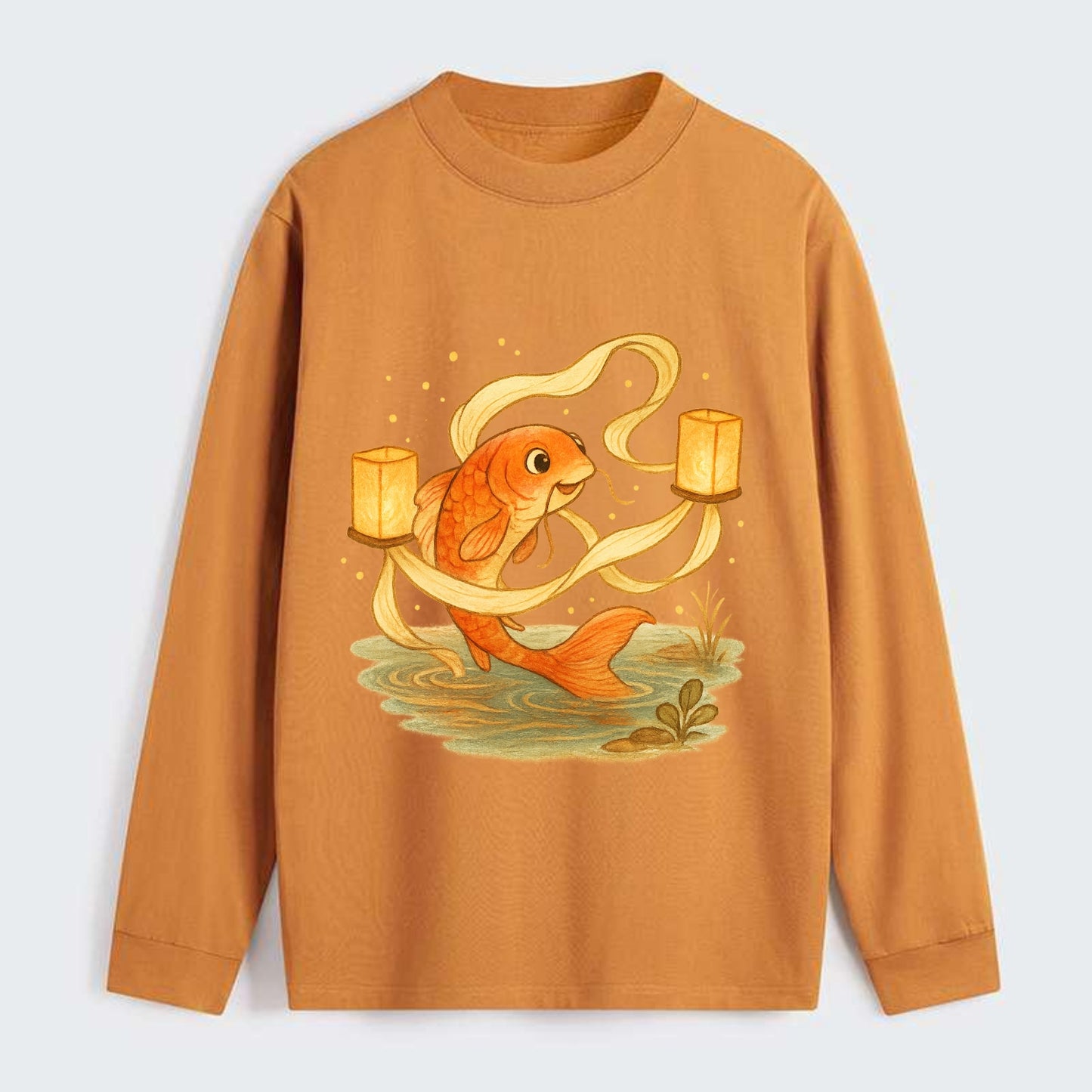Koi weaving silk streamers through floating lanterns on tranquil water - Classic Long Sleeve Shirt - Orange