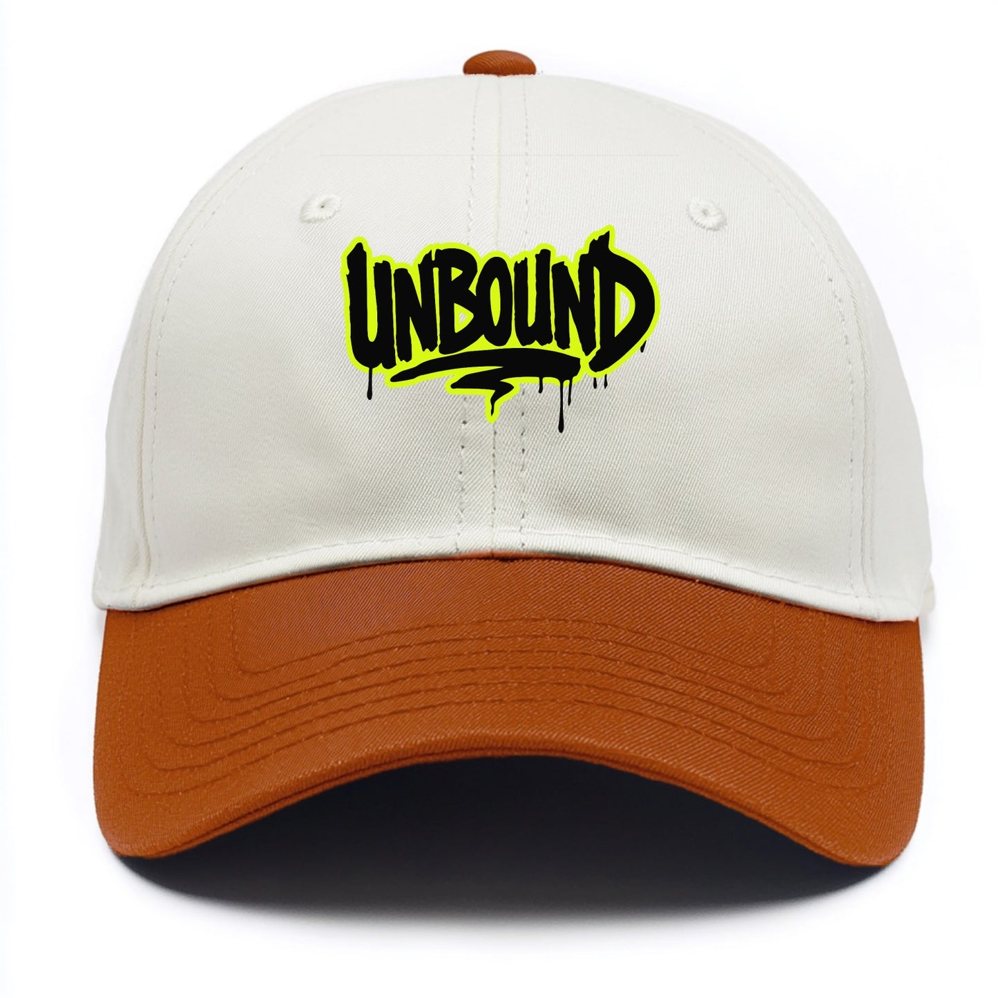 Bold typography design - "UNBOUND" - without limits, free from constraints - Two Tone Cap - Orange