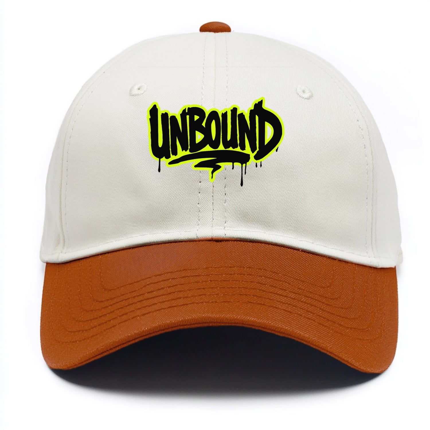 Bold typography design - "UNBOUND" - without limits, free from constraints - Two Tone Cap - Orange