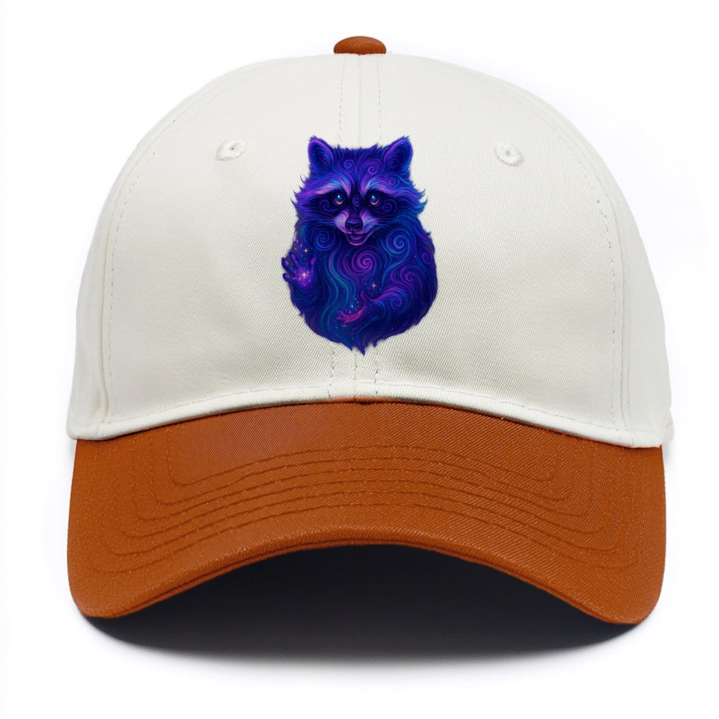 Playful raccoon with mask swirling in hypnotic patterns, neon purple and green fur - Two Tone Cap - Orange