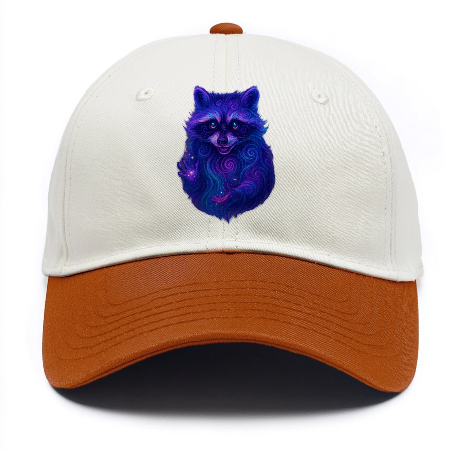 Playful raccoon with mask swirling in hypnotic patterns, neon purple and green fur - Two Tone Cap - Orange