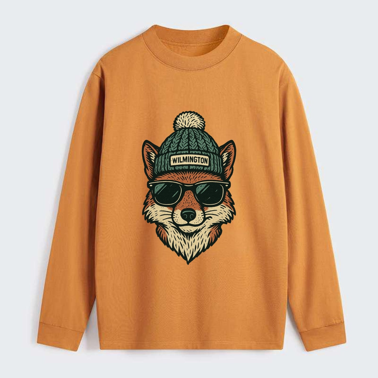 Delaware Gray Fox wearing Wilmington beanie with pom pom and wayfarer - Classic Long Sleeve Shirt - Orange