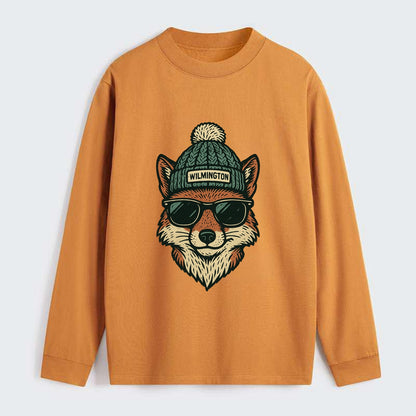 Delaware Gray Fox wearing Wilmington beanie with pom pom and wayfarer - Classic Long Sleeve Shirt - Orange