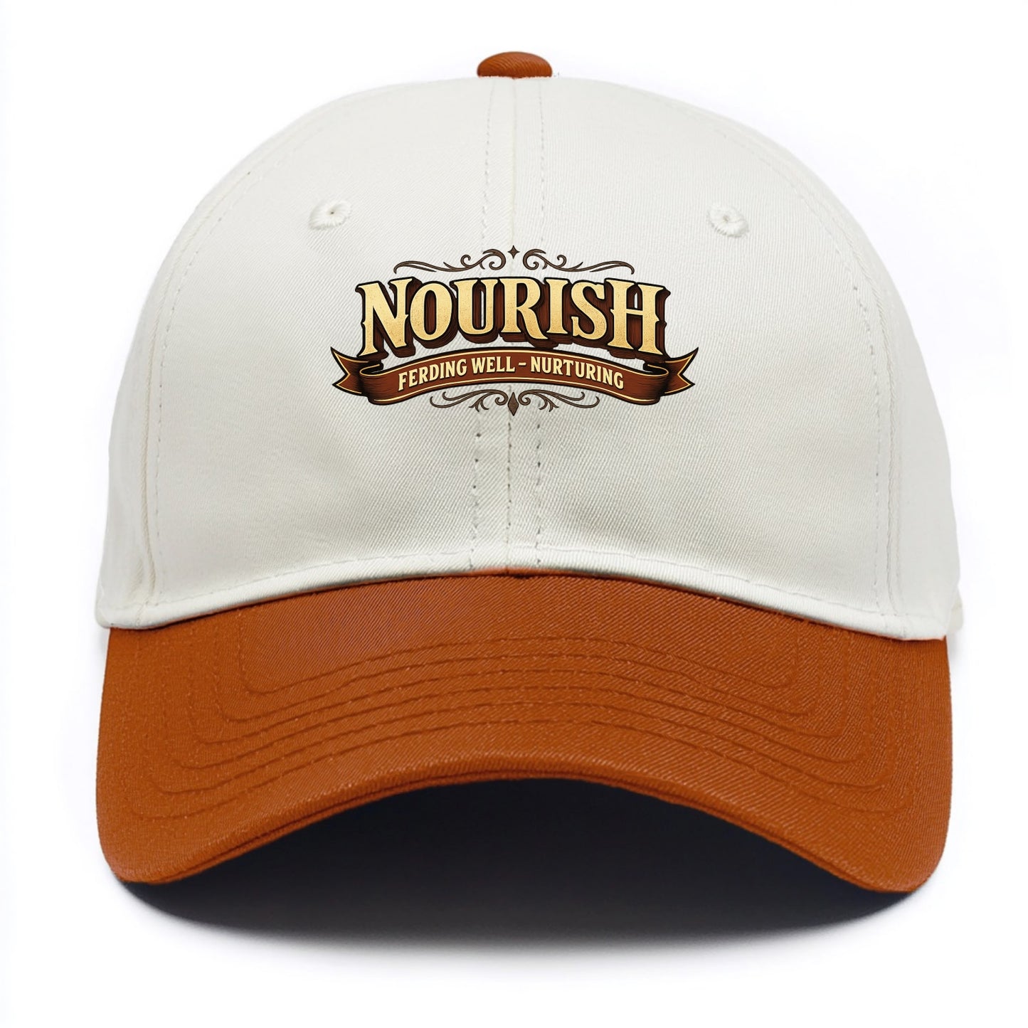 Bold typography design - "NOURISH" - feeding well, nurturing - Two Tone Cap - Orange