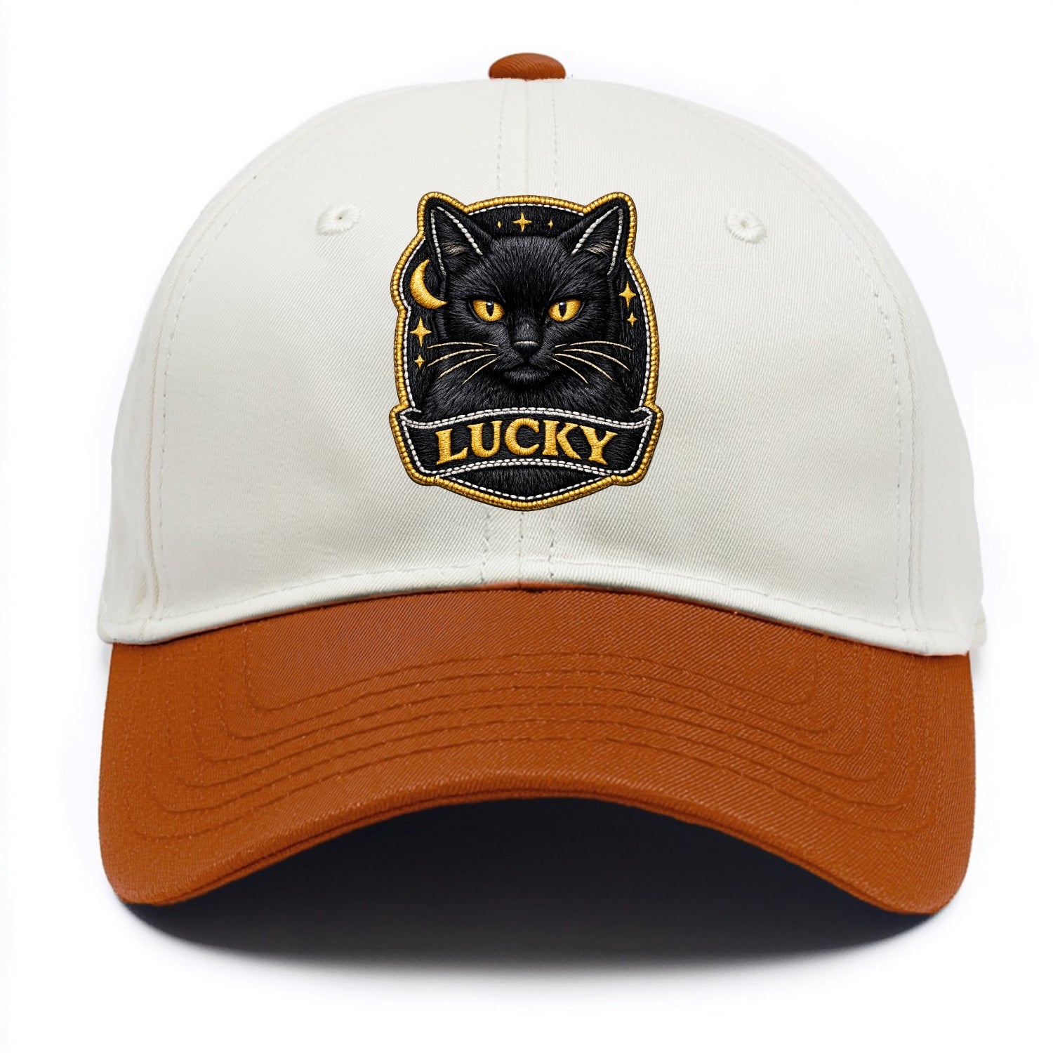 BLACK CAT LUCKY - sleek black cat with gold eyes in black , mysterious feline - Two Tone Cap - Orange