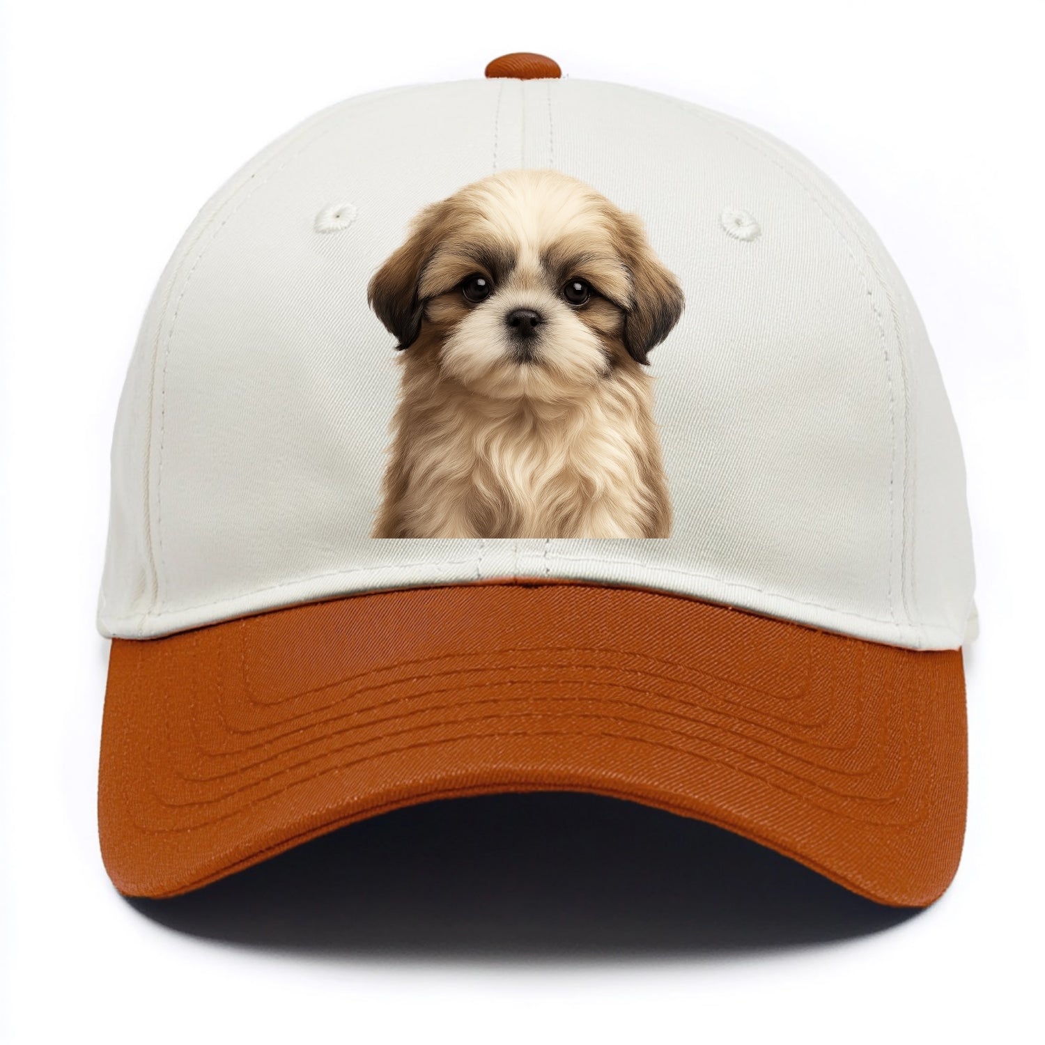 Baby Shih Tzu Puppy - long flowing coat, flat face, big dark eyes, front-facing, - Two Tone Cap - Orange