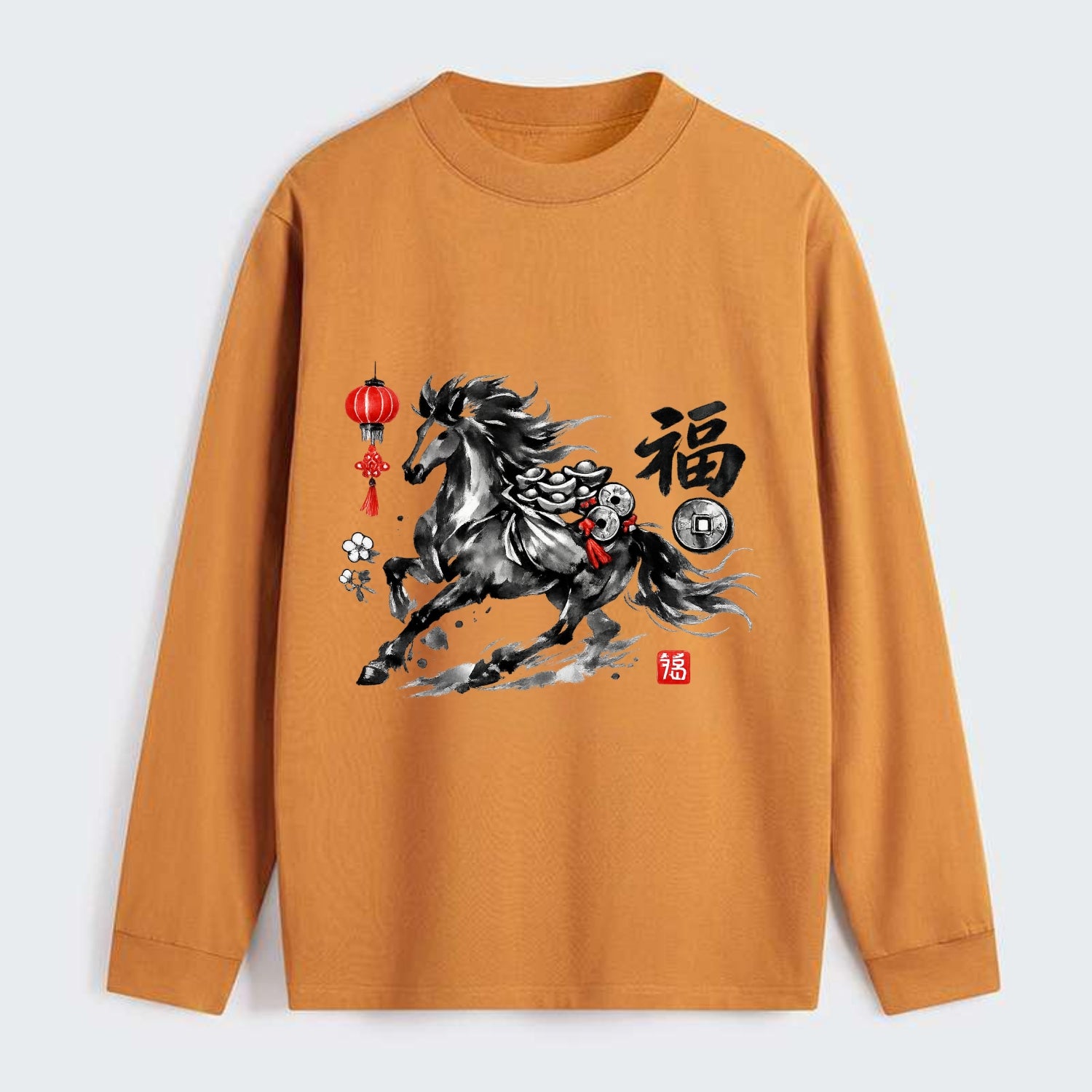 PROSPERITY HORSE | Horse carrying gold ingots and coins | Chinese knot - Classic Long Sleeve Shirt - Orange