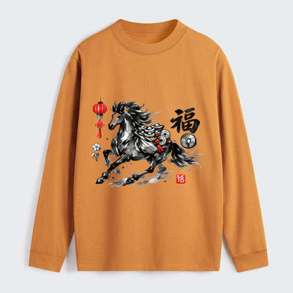 PROSPERITY HORSE | Horse carrying gold ingots and coins | Chinese knot - Classic Long Sleeve Shirt - Orange