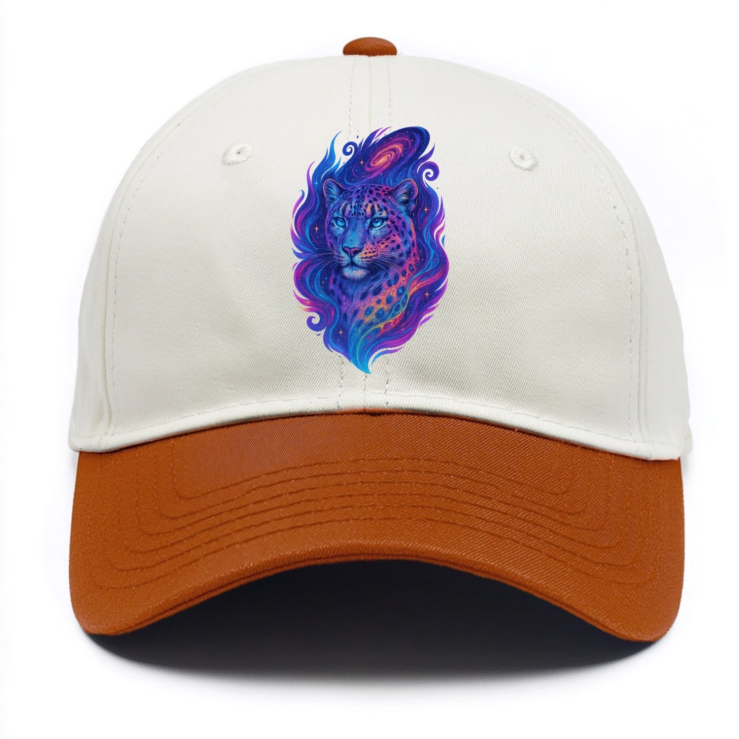Majestic snow leopard with rainbow gradient spots, crystalline flowing patterns, - Two Tone Cap - Orange
