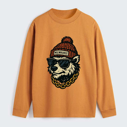 Milwaukee Badger wearing Milwaukee beanie with pom pom and wayfarer - Classic Long Sleeve Shirt - Orange