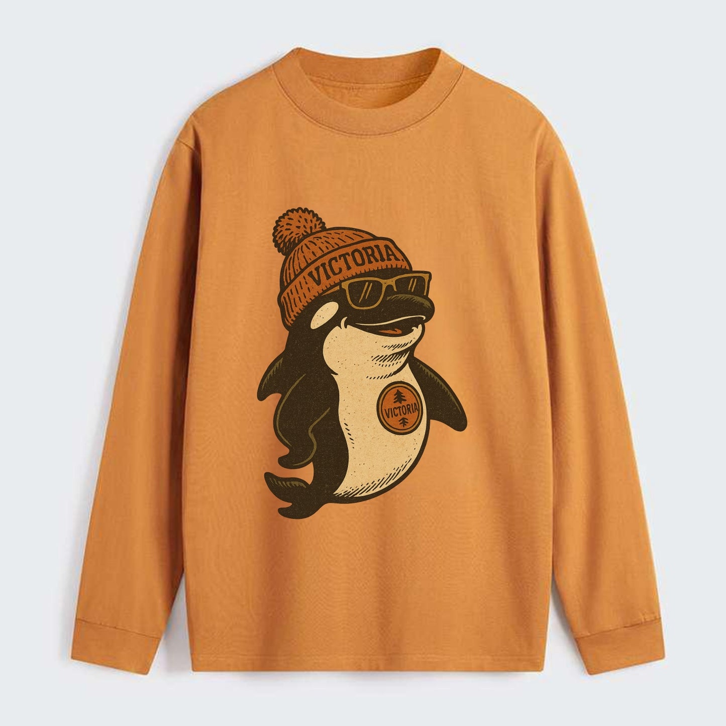 Victoria Orca wearing Victoria beanie with pom pom and wayfarer - Classic Long Sleeve Shirt - Orange