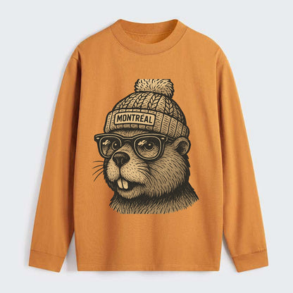 Montreal Beaver wearing Montreal beanie with pom pom and wayfarer - Classic Long Sleeve Shirt - Orange