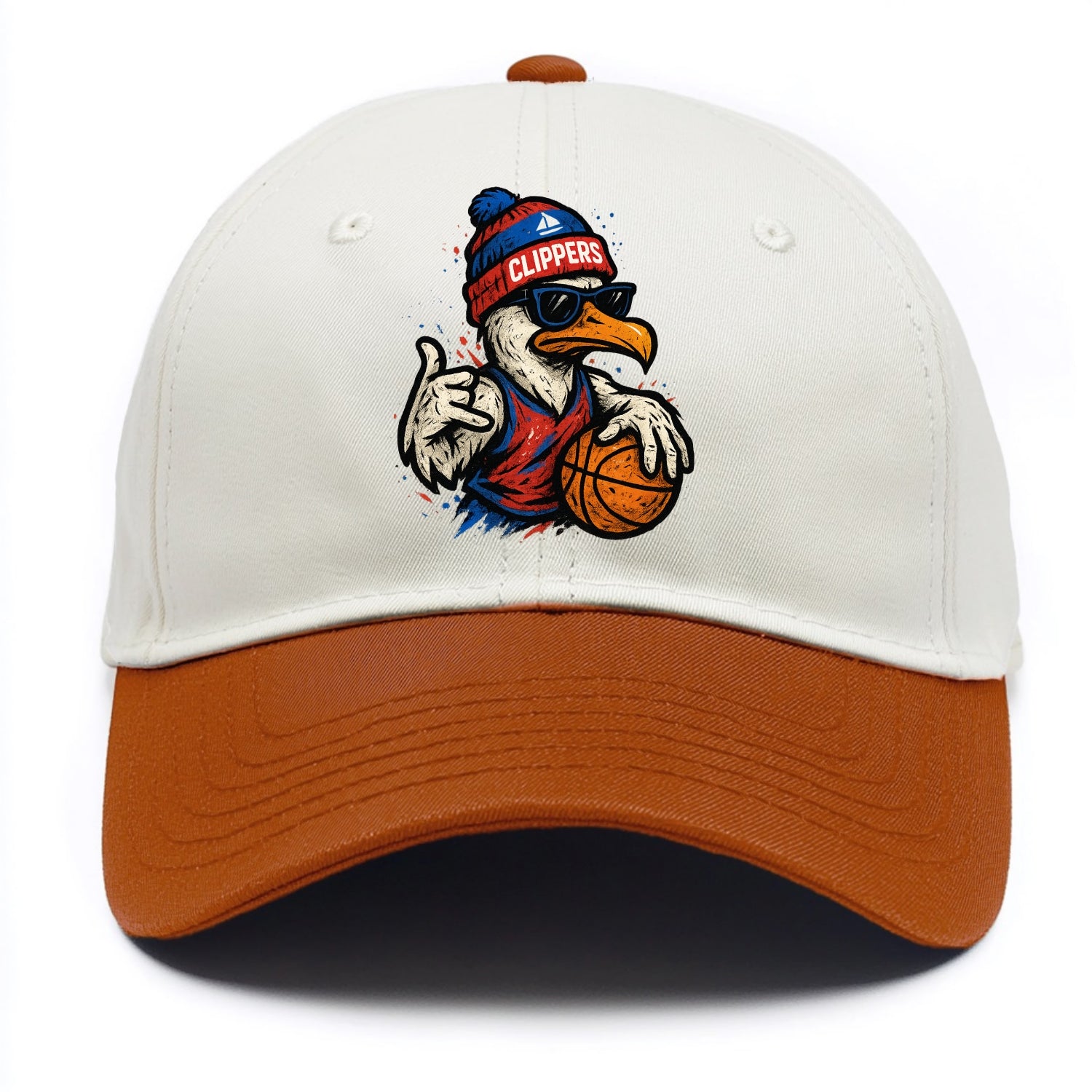 LA Seagull wearing Clippers red white and blue beanie with ship patch and wayfarer - Two Tone Cap - Orange