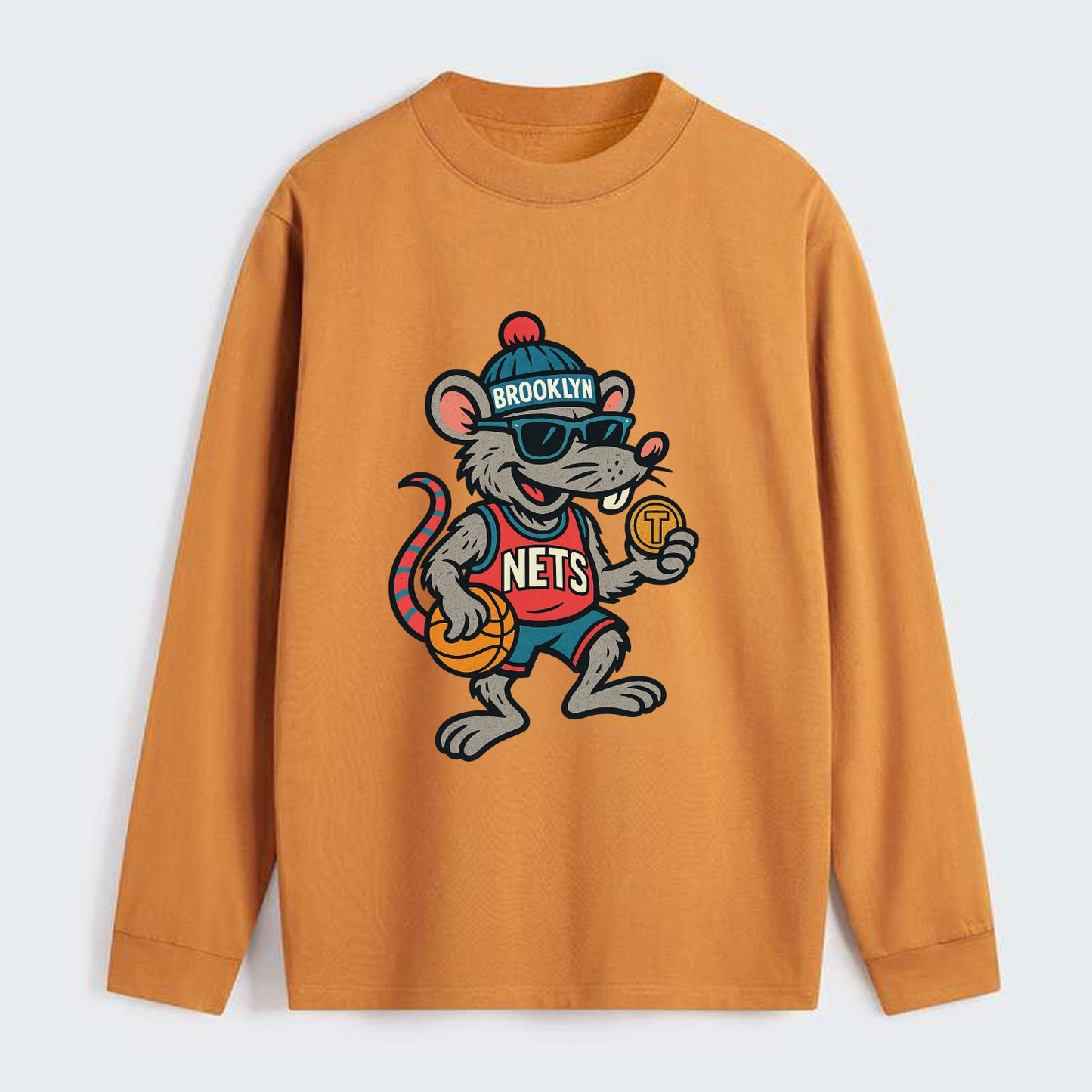 Brooklyn Rat wearing Nets beanie with subway token and wayfarer - Classic Long Sleeve Shirt - Orange