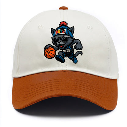 Brooklyn Cat wearing Nets beanie with street art patch and wayfarer sunglasses - Two Tone Cap - Orange