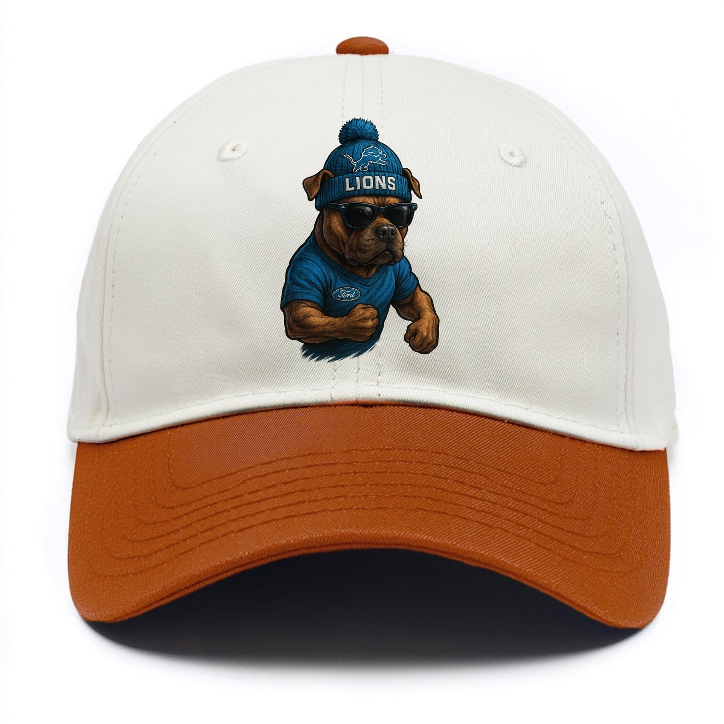 Detroit Pitbull wearing Lions beanie with auto patch and wayfarer sunglasses - Two Tone Cap - Orange
