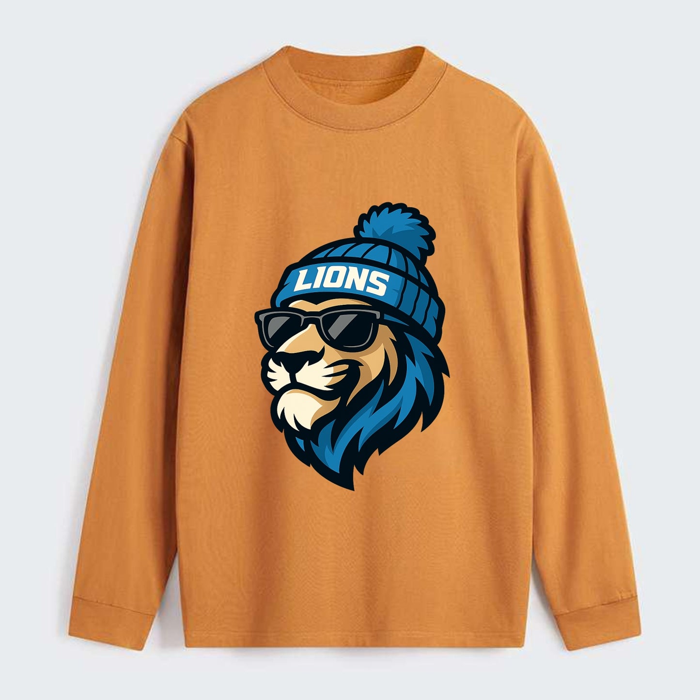 Detroit Lion wearing Lions Honolulu blue and silver beanie with pom pom - Classic Long Sleeve Shirt - Orange
