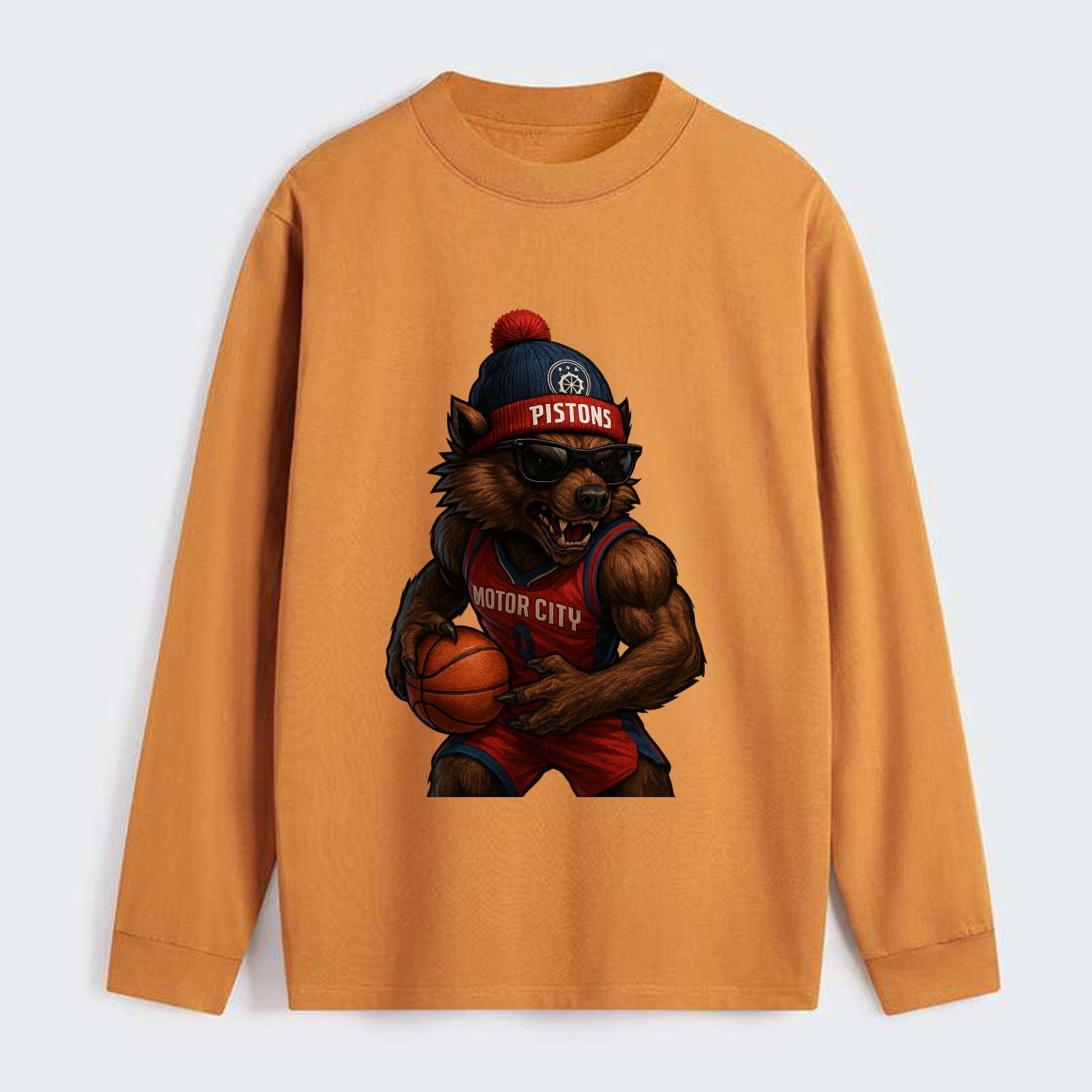 Motor City Wolverine wearing Pistons beanie with gear patch and - Classic Long Sleeve Shirt - Orange