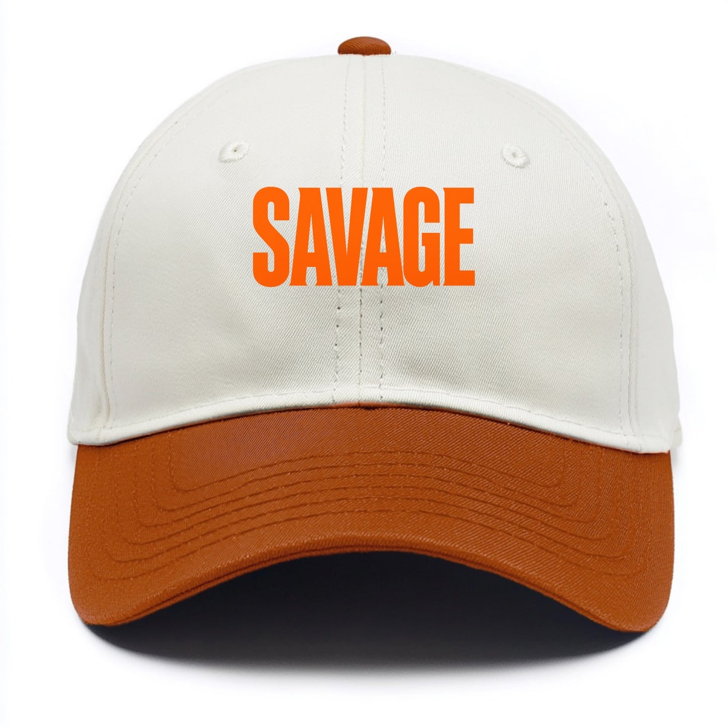 Bold typography design - "SAVAGE" - fierce attitude, taking no prisoners - Two Tone Cap - Orange