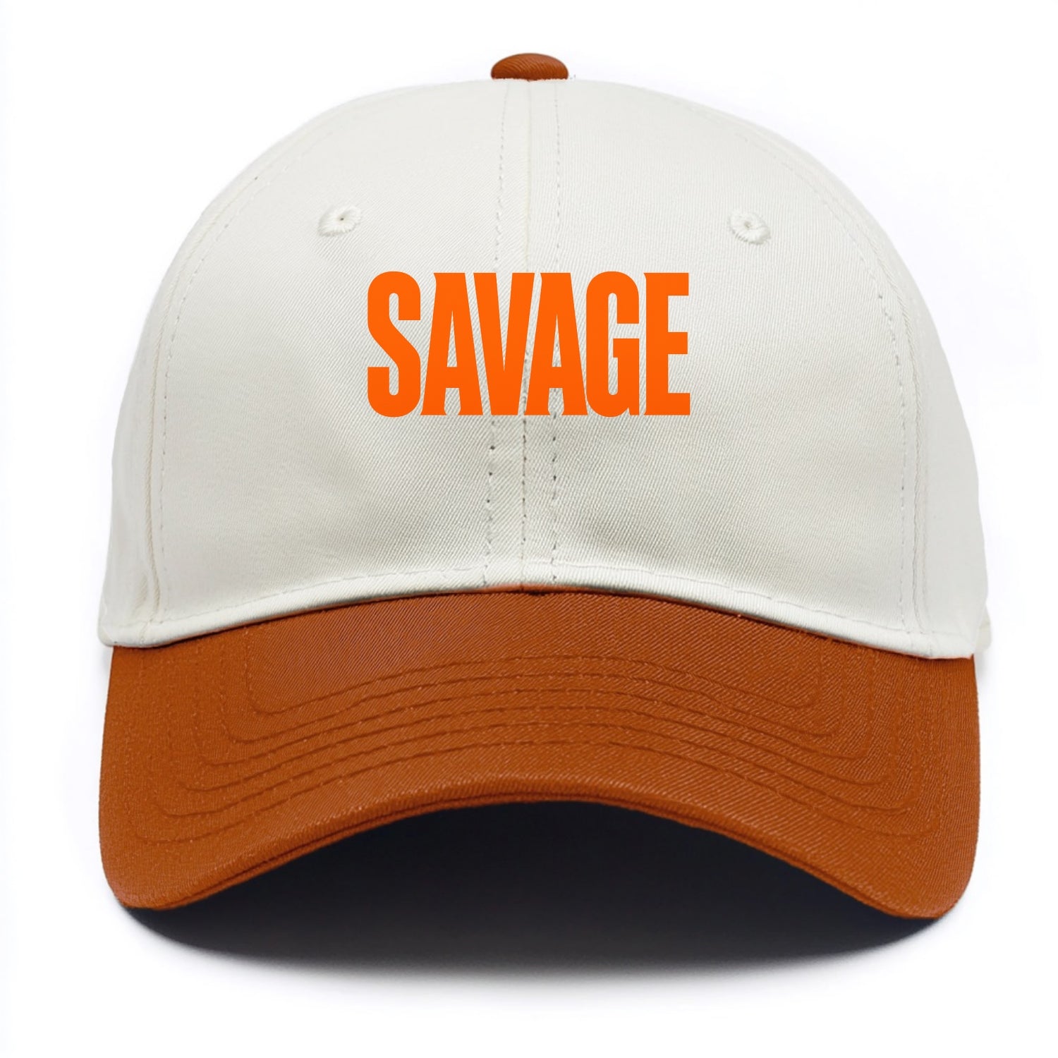 Bold typography design - "SAVAGE" - fierce attitude, taking no prisoners - Two Tone Cap - Orange