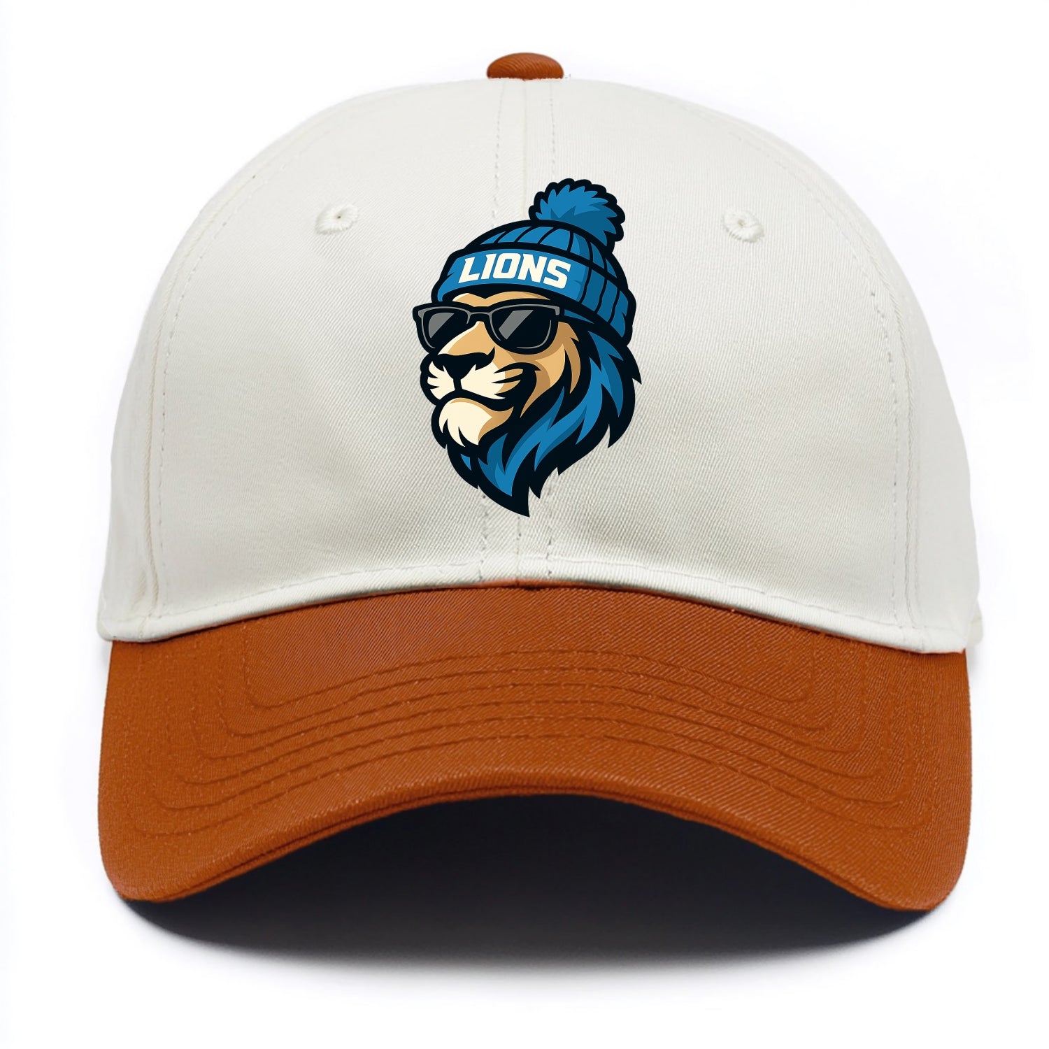 Detroit Lion wearing Lions Honolulu blue and silver beanie with pom pom and wayfarer - Two Tone Cap - Orange