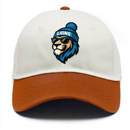 Detroit Lion wearing Lions Honolulu blue and silver beanie with pom pom and wayfarer - Two Tone Cap - Orange