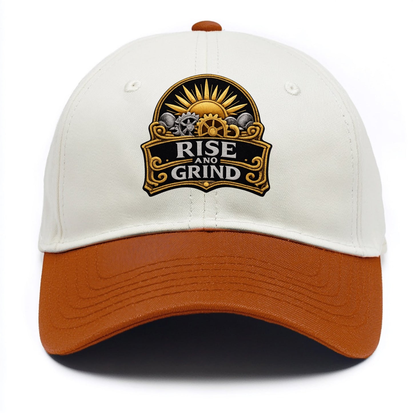 RISE AND GRIND - sun with gears in gold , morning motivation - Two Tone Cap - Orange