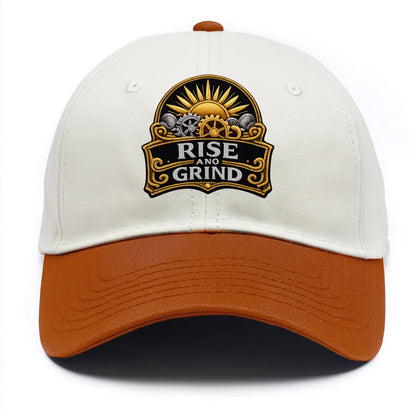 RISE AND GRIND - sun with gears in gold , morning motivation - Two Tone Cap - Orange