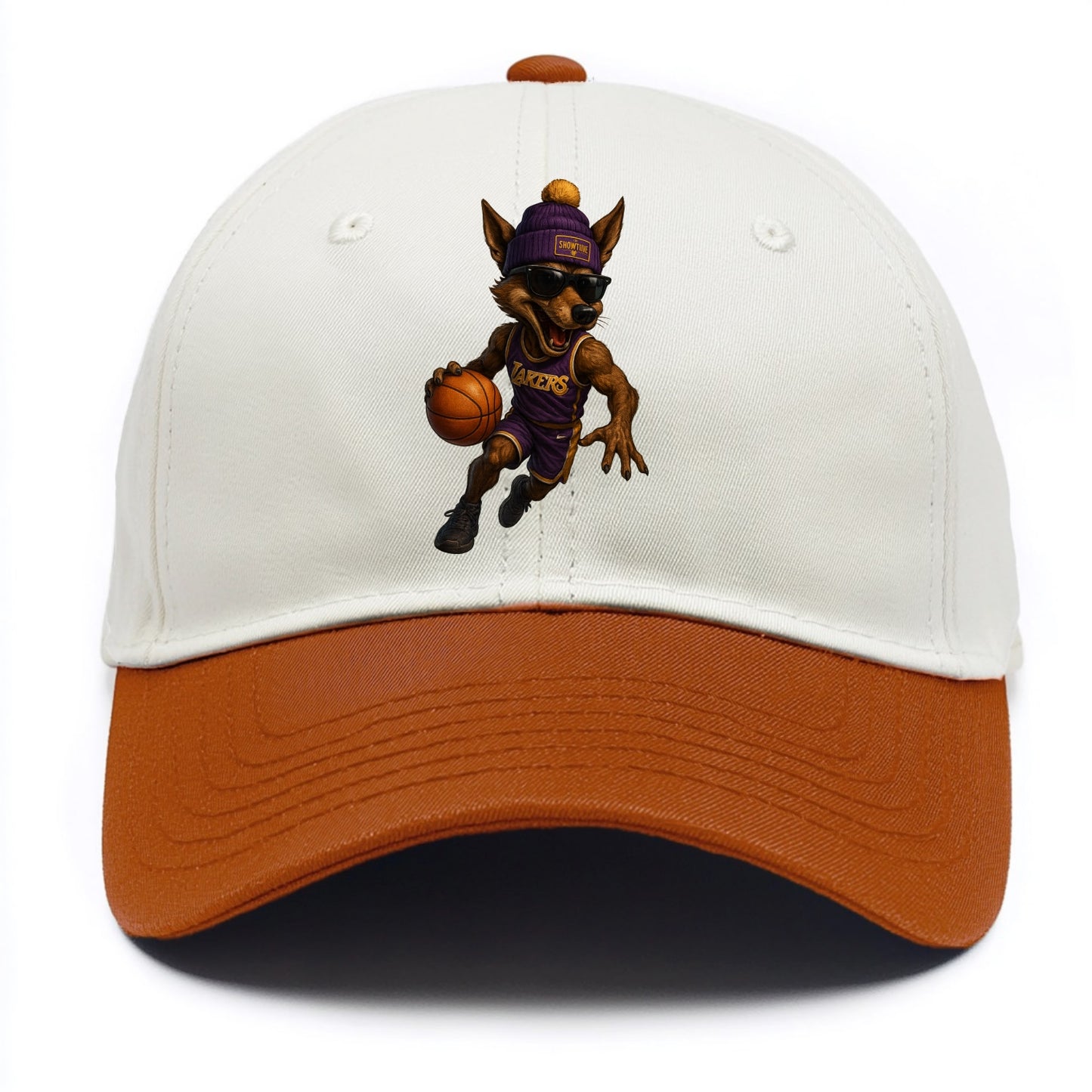 Hollywood Coyote wearing Lakers beanie with Showtime patch and wayfarer sunglasses - Two Tone Cap - Orange