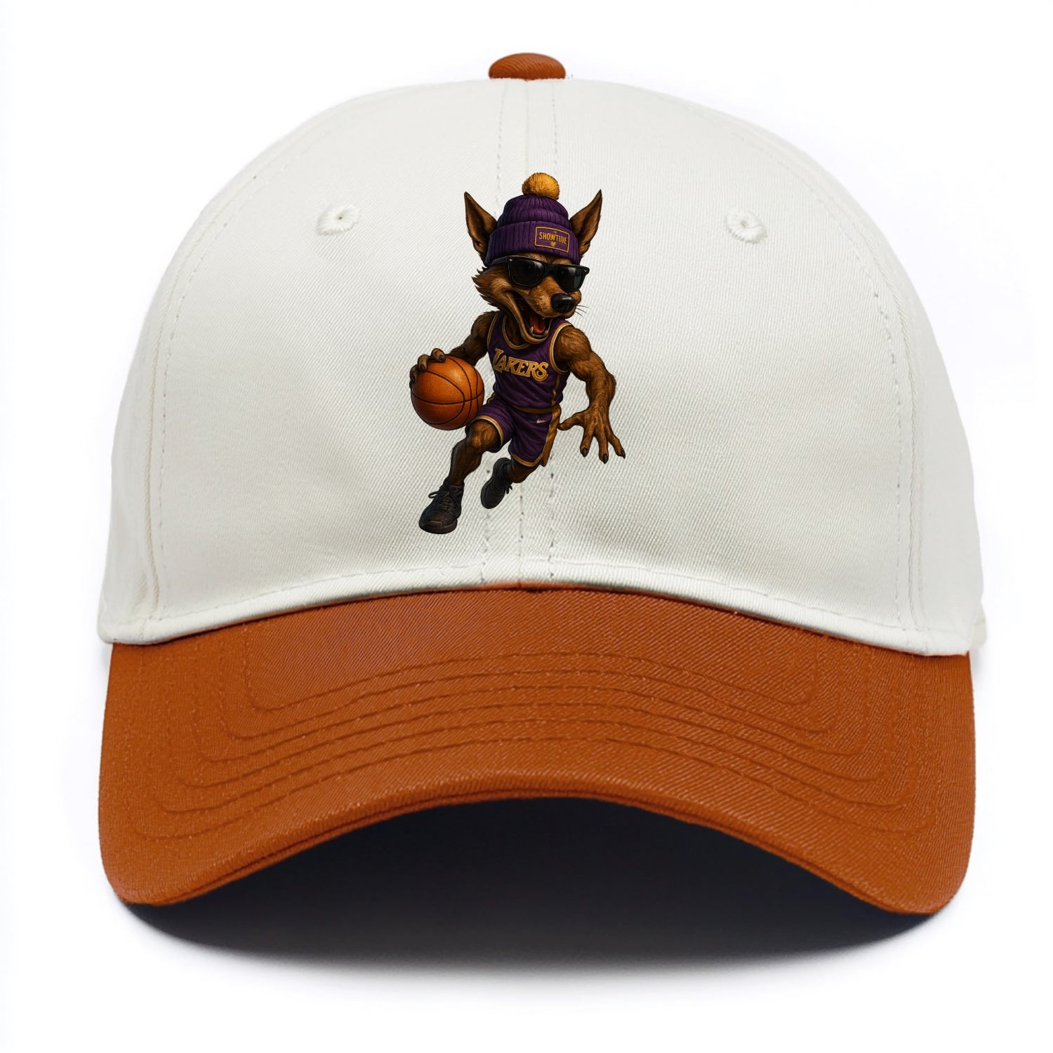 Hollywood Coyote wearing Lakers beanie with Showtime patch and wayfarer sunglasses - Two Tone Cap - Orange