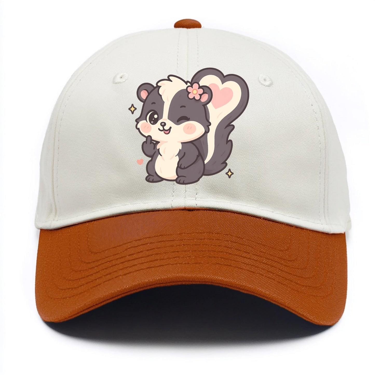 fluffy skunk with heart-shaped tail pattern, one paw up showing sass - Two Tone Cap - Orange
